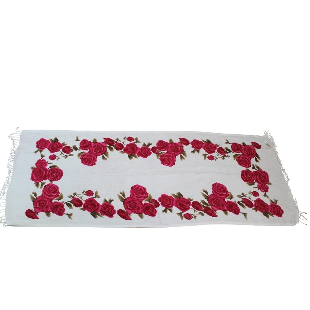 NWT Shabby Chic Cottagecore Ivory w/ Pink Roses Soft Wrap Scarf 100% Pashmina